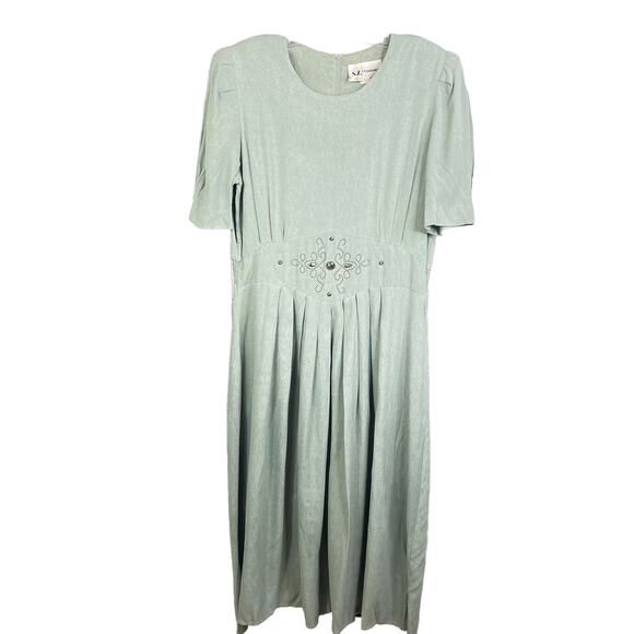 Vintage 1970's S.L. Fashions Pleated Prairie Dress Made In The USA Green 12 - Picture 1 of 11